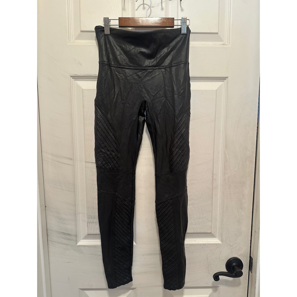 Spanx Faux Leather Moto Leggings Black High Waist Quilted Textured Medium